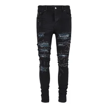 High Street New Men's Jeans Black Fashion Splashing Ink Patchwork Ripped Jeans Casual Fashion Slim Small Feet Denim Pants Man 