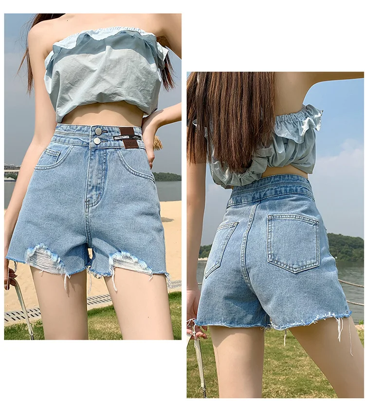 2023 Summer American Simple Denim Shorts Women's New Summer High Waist Loose A-line Slim Wide Leg Fur Hem Pants
