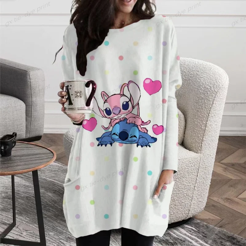 

Autumn Disney Stitch Print Casual Women T Shirts Fashion Loose Long Sleeve Women's Tunic Tops Pullover O Neck Cartoon T Shirt