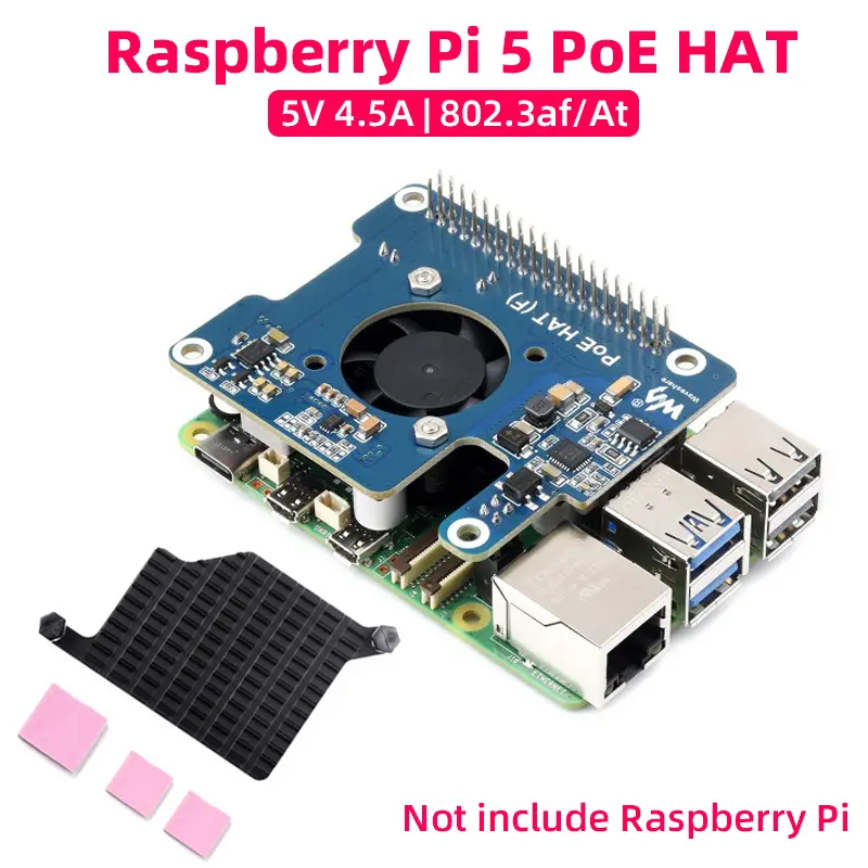 Raspberry Pi 5 PoE HAT (F) 802.3af/at High Power Over Ethernet Onboard Cooling Fan with Metal Heatsink for RPi 5 Pi5 image 1