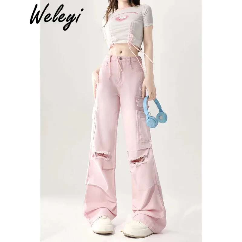 

Goth Women's Workwear Jeans 2024 Spring and Autumn Sweet and Versatile Pink Straight Leg High Waisted Wide Leg Ripped Long Pants