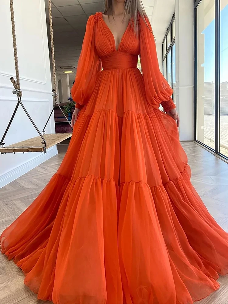 

Evening Dresses For Woman Simple Orange V-Neck Lantern Sleeve Floor-Length A-Line Formal Occasion Prom Party Elegant 2023 New