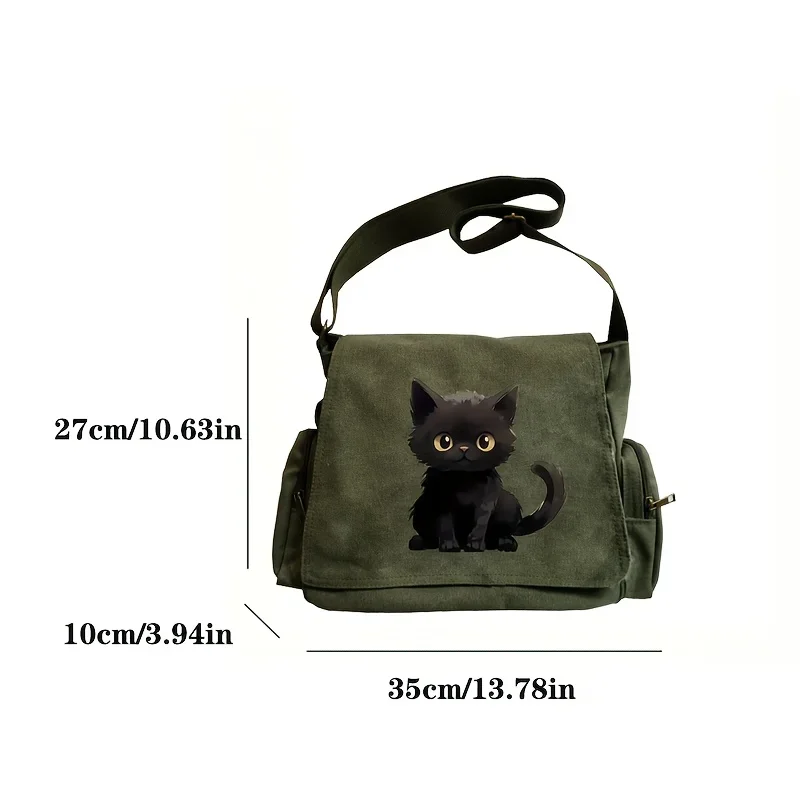 Cute Cat Pattern Canvas Bag Women's Multiple Pockets Shoulder Bag Army Green Crossbody Laptop Bag For Women Shopping