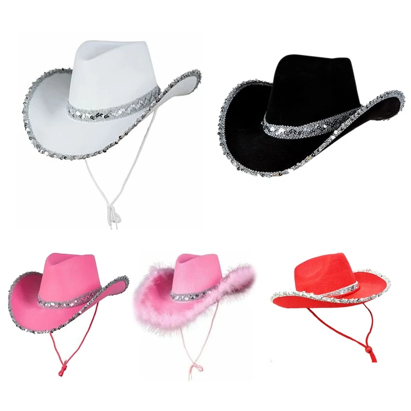 

F42F Sequin Cowboy Hat Performance Hat Cowgril Cosplay Costume Adult Cowboy Hat
