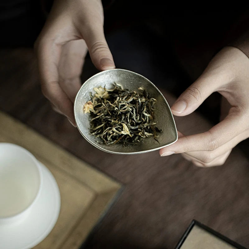 수제 순수 주석 레트로 차통(티캐디) 무광택 망치질 패턴 다도용 차침 차 스푼 차 스쿱 차 서빙 도구 중국 스타일
