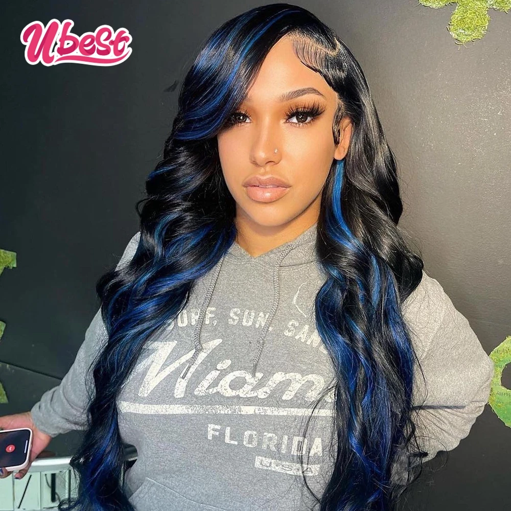 Ubest 30 Inch Blue Splice Color Body Wave Lace Front Human Hair Wigs For Black Women Lace Frontal Wig 30 Inch 13x4 Closure Wig