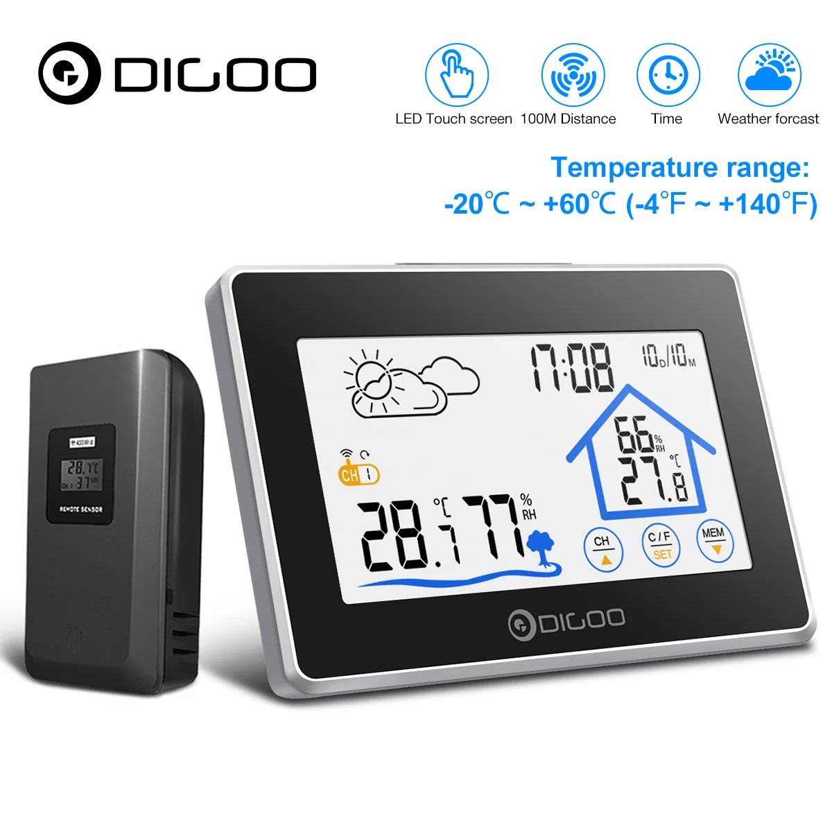 Digital Thermometer Clock Hygrometer Weather Station Lcd Wireless Indoor Outdoor 