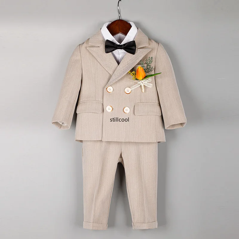 

Boys Formal Suit Handsome Flower Child Wedding Costume Fashion Double-breasted Toddler Birthday Party Blazers Set with Bow Tie