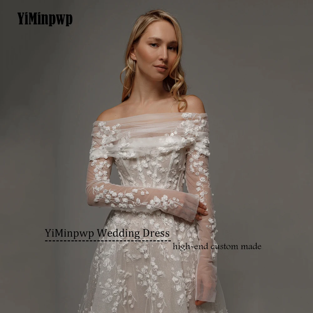 2026 Champagne Wedding Dresses Off Shoulder Long Sleeves A Line Lace Sequined Beads Flowers Bridal Party Gowns Customized