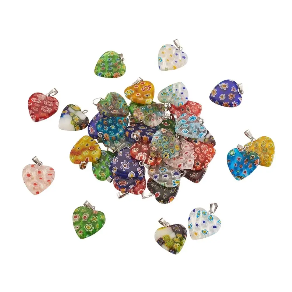 

100 шт. Разноцветные Стеклянные Подвески ручной работы в форме сердца milleфиори с железными застежками, Подвески для изготовления ожерелья, ювелирных изделий 20x20x3,5 мм F8