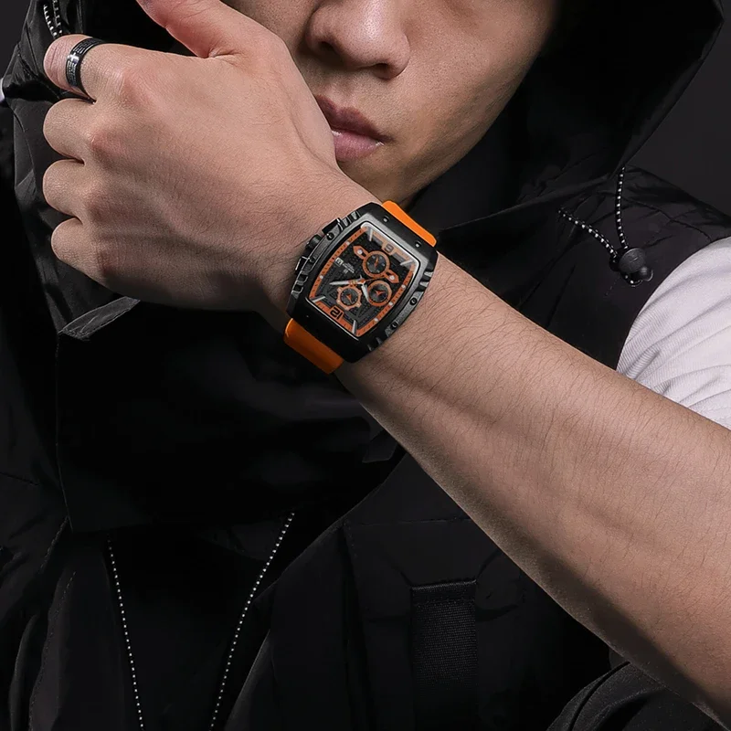 Naviforce Date Display Male Wrist Watch Creative Barrel Shaped Dial Men Watches Fumed Silica Strap Waterproof Quartz Chronograph, Alina Gadgets