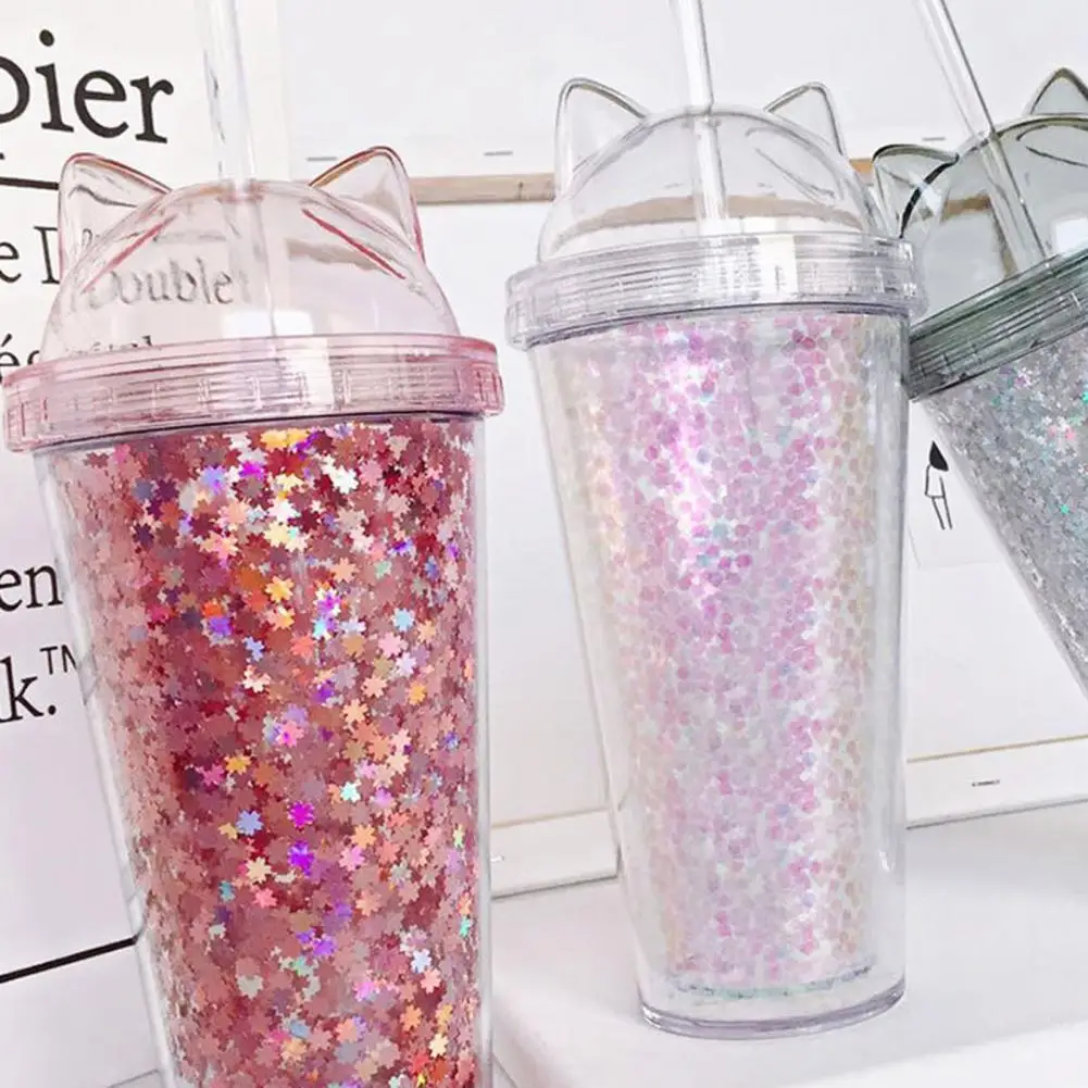 420ml Cat Ear Straw Cup, Cute Summer Water Cup Plastic Drinking  Cup Gift Creative Double Cup Straw Cup with Sequins for Home Black 20.5cm x  9.5cm/8.07 x 3.74: Tumblers 