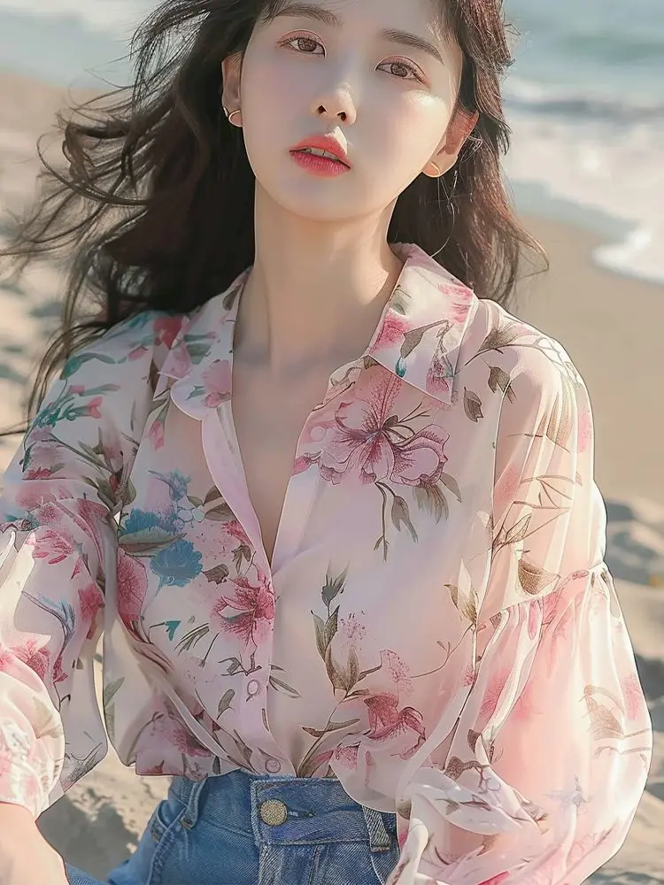 Korea Chiffon Women's Shirts Printed Casual Blouses Spring Summer Fashion Clothing Loose Long Sleeves Women Tops