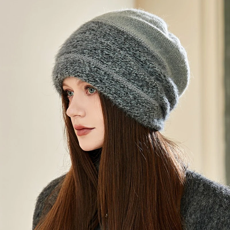 

Casual Knitted Stripe Piles Hats Soft Ear Protection Wool Bonnet Harajuku Skullies Beanies Cap Winter Thicken Warm Pullover Hats