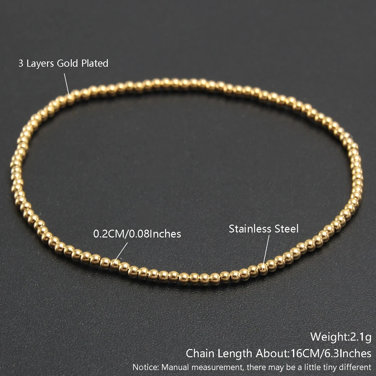 Modisches, goldfarbenes Armband aus Edelstahl mit runden Perlen, 2–10 mm, dehnbar, für Damen und Herren, zum Kombinieren, ein tolles Geschenk für Partys und festliche Anlässe. – Detail 11