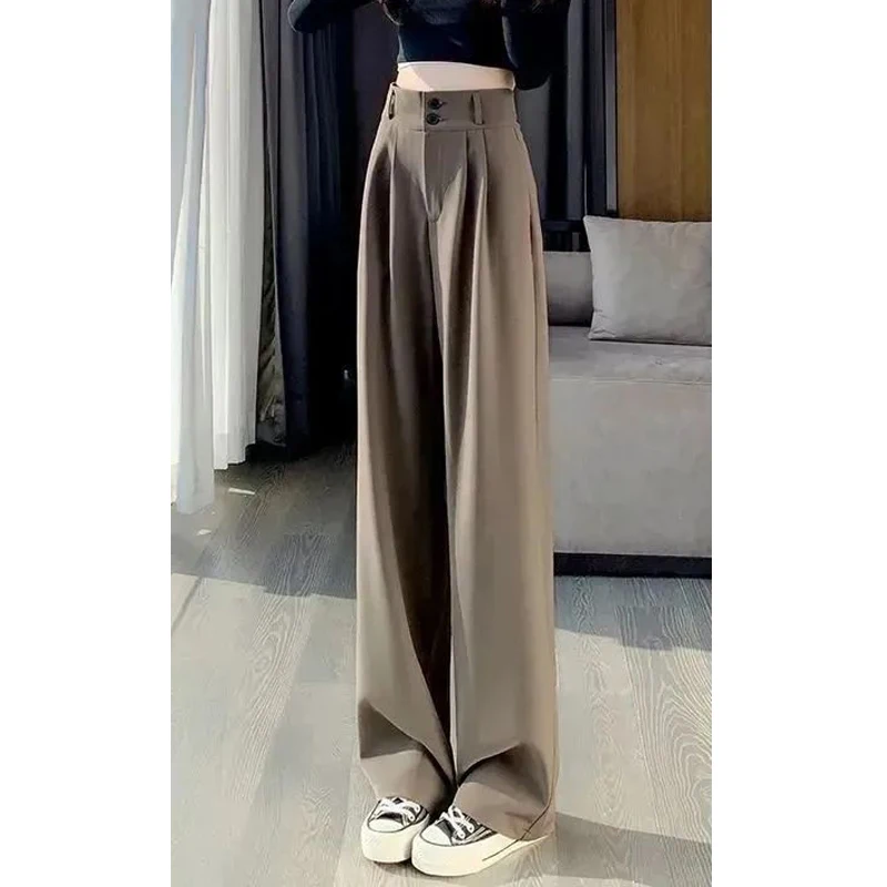 Women's Korean Fashion Pleated High Waist Streetwear Wide Leg Suit Pants Female Solid Loose Straight Trousers Elegant Pantalones