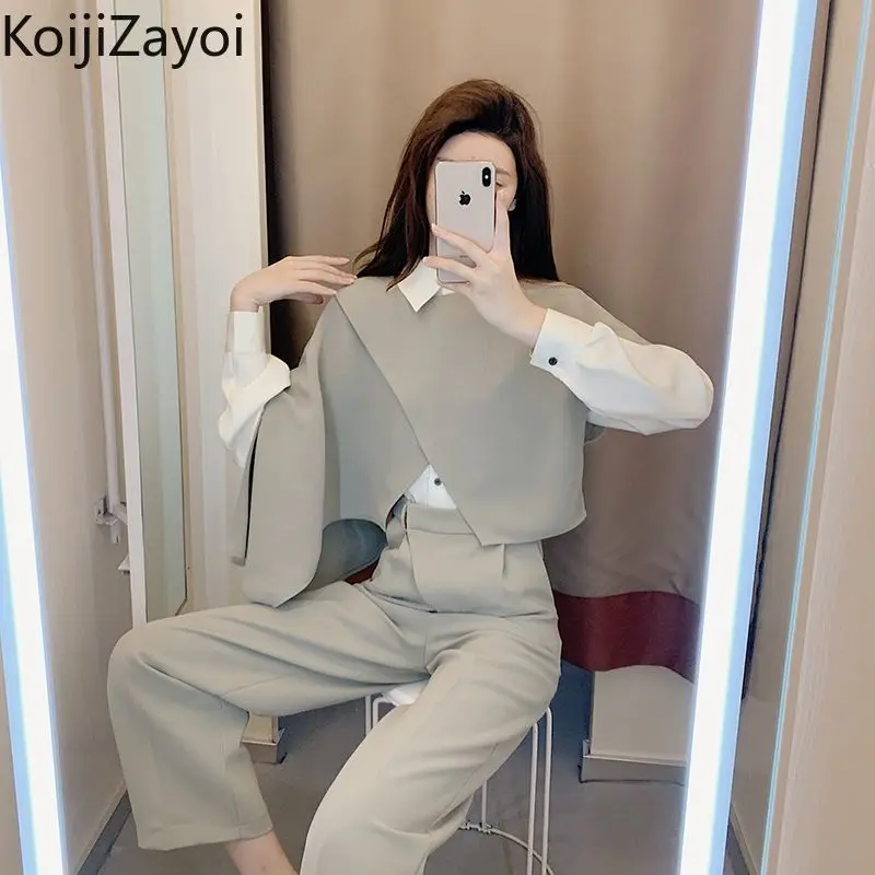 

Koijizayoi Elegant Women Three Pieces Set White Long Sleeves Shirt Irregular Pullovers High Waist Pant Office Lady Korean Suit