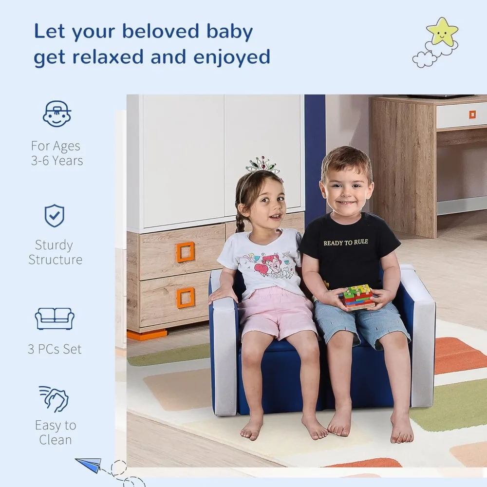 Kids Sofa Set 2-in-1 Multi-Functional Toddler Table Chair Set 2 Seat Couch Storage Box Soft Sturdy ，15.75"D x 31.5"W x 19.75"H 5