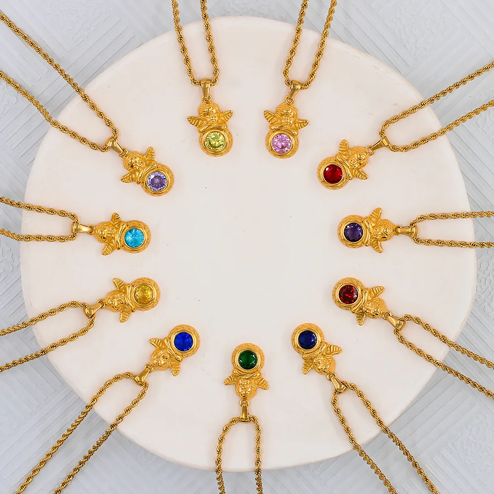 Retro Chunky Twist Metal Chain 12 Month Birthstone Necklace Multicolor Crystal Zircon Cherub Angel Choker Party Gifts Jewelry