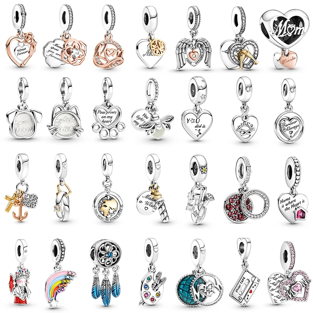 

2021 New 100% 925 Sterling Silver pan Heart & Mum Blue Dreamcatcher Charm Artist's Palette Dangle Charm Bracelet Gift