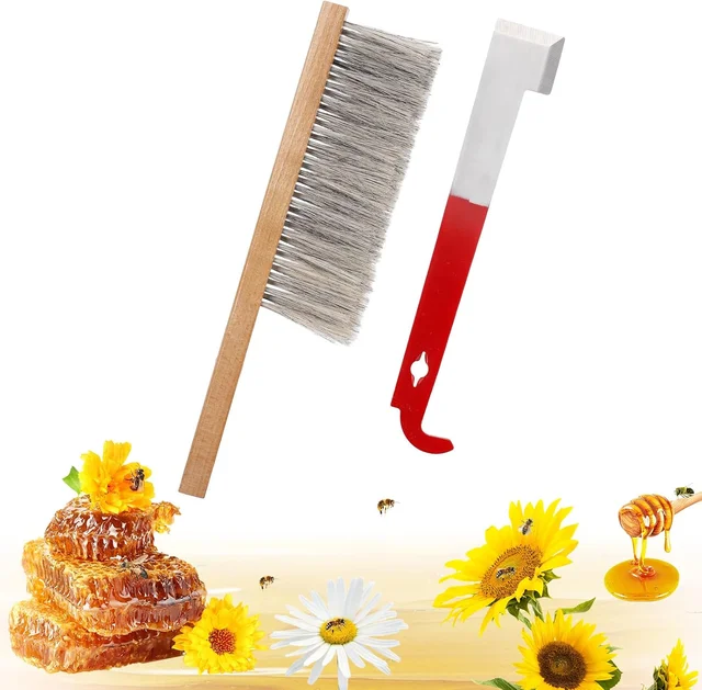 أداة خلية النحل لتربية النحل - خطاف J من الفولاذ المقاوم للصدأ وفرشاة نحل من شعر الخيل الطبيعي، وفرشاة خلية النحل لرفع إطار النحل و