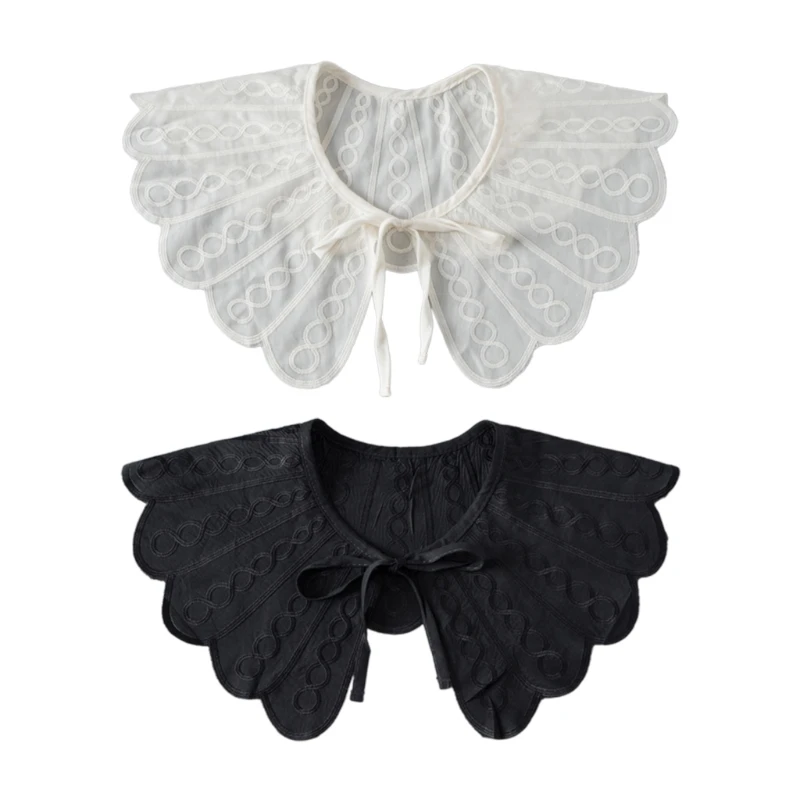 

Korean Women Scalloped Trim Fake Collar Shawl Embroidery Twist Striped Pattern Necklace Lace-Up Capelet