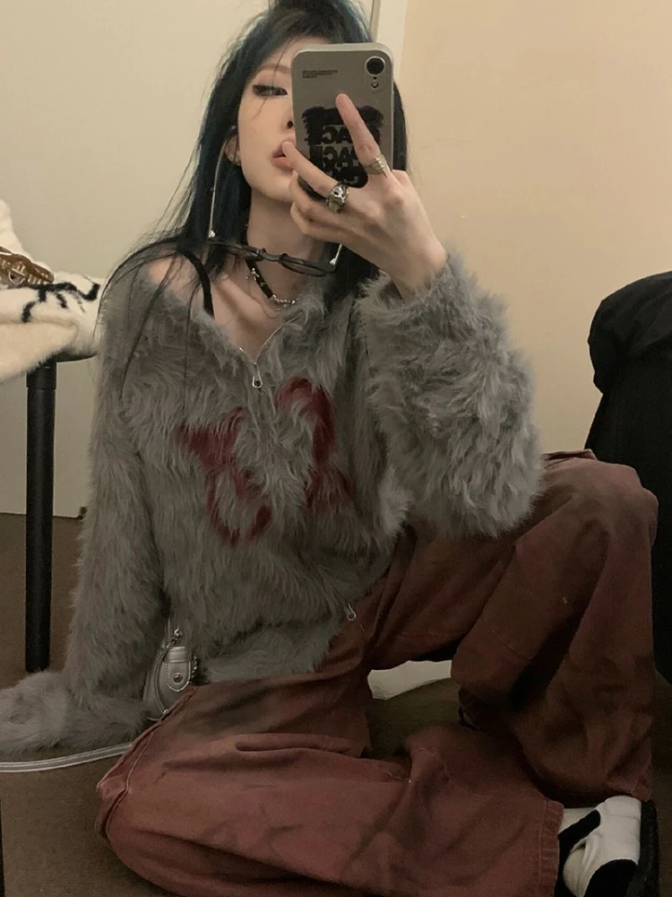 Y2k 미적인 자카드 루즈 가디건 스트리트웨어 여성용 모피 더블 지퍼 스웨터, 하라주쿠 페어리 니트 그런지 스위트 코트