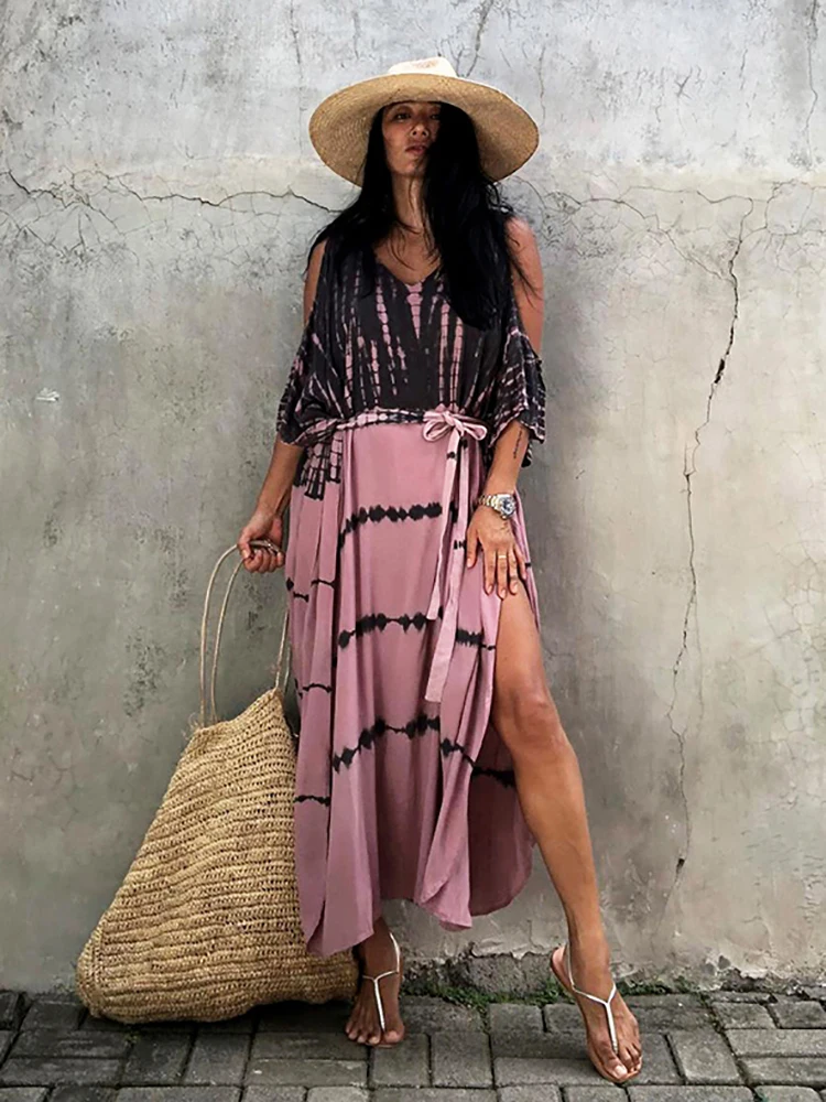 Fitshinling Open Shoulder Summer Long Dress Bohemian Vintage Halo Dyeing Robe Oversized Kaftan Holiday Fashion Sexy Pareos New