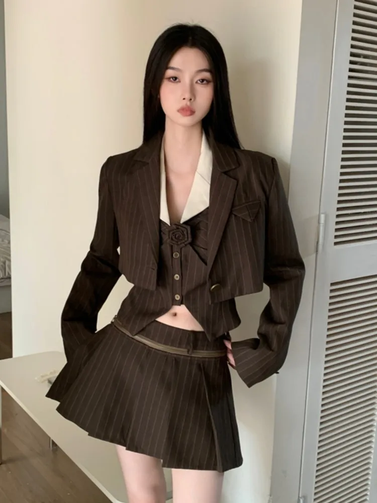 Vintage Preppy Style Skirt Set 3 Piece Sets For Women Long Sleeve Short Coat Mounted-Neck Vest Pleated Mini Skirt Fashion Suit