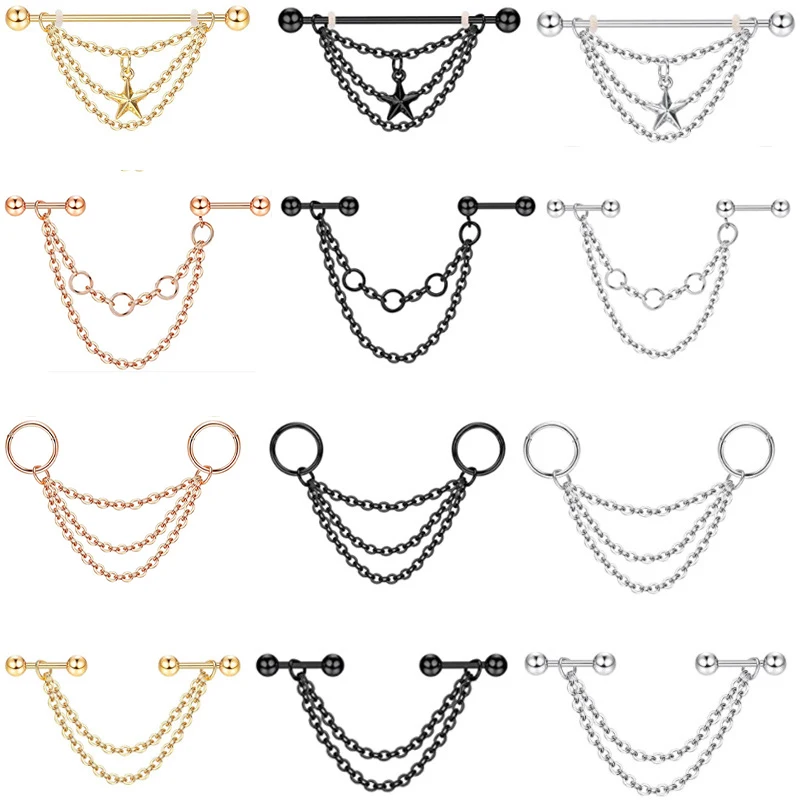 

Stainless Steel Industrial Earrings With Chain Dangle Industrial Piercing Bar Cartilage Helix Piercing Tragus Stud Body Jewelry