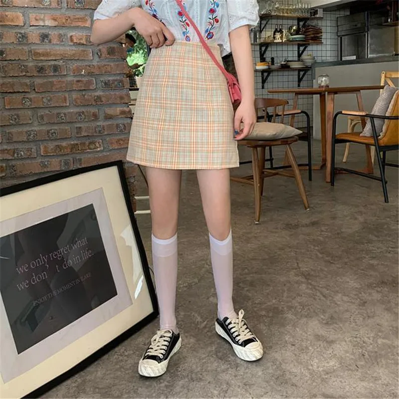 leather skirt 2022 Summer New Sexy Short Skirt Women Retro Bag Hip High-Waisted Skirt Lined Plaid A-Line Skirts School Girls jean skirt