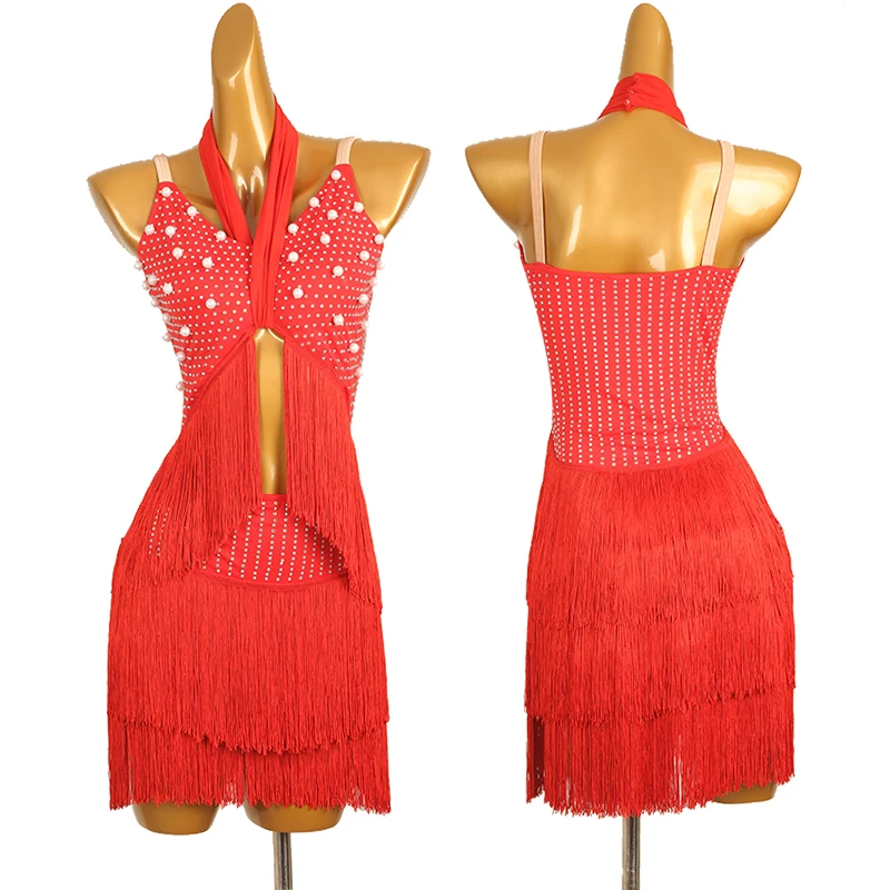 

Женское платье для латиноамериканских танцев, красное платье с кисточками и лямкой на шее, модель DQL8648 для взрослых, 2023