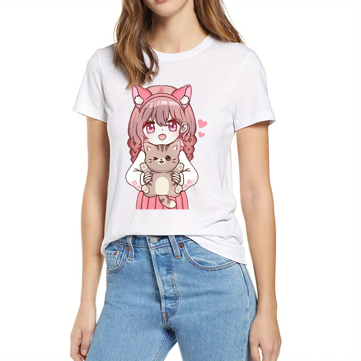 

Anime Girl Print Crew Neck T-Shirt, Casual Short Sleeve T-Shirt For Spring & Summer, Women's Clothing