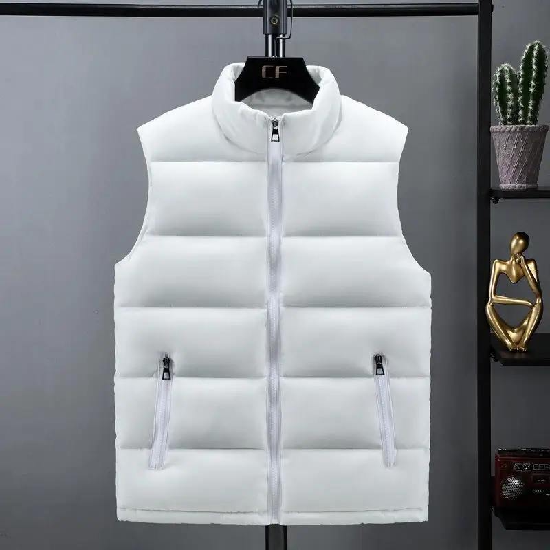 Autumn Winter Men Down Cotton Coats Vest Zipper Stand Collar Versatile Basic Solid Slim Warm Fashion Casual Sleeveless Jackets