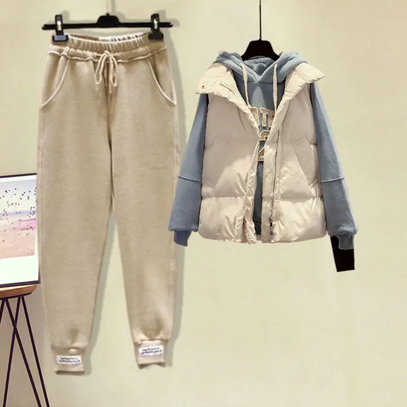 2023 Autumn and Winter New Hooded Sweater Cotton Vest Slim Harlan Elastic Casual Pants Three Piece Fashion Set