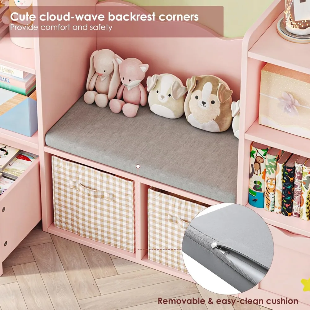 Kids Bookshelf with Reading Nook, Kids Bookcase, 2 Wheels Drawers and 8 Storage Cubbies, Toy Storage Organizer 2