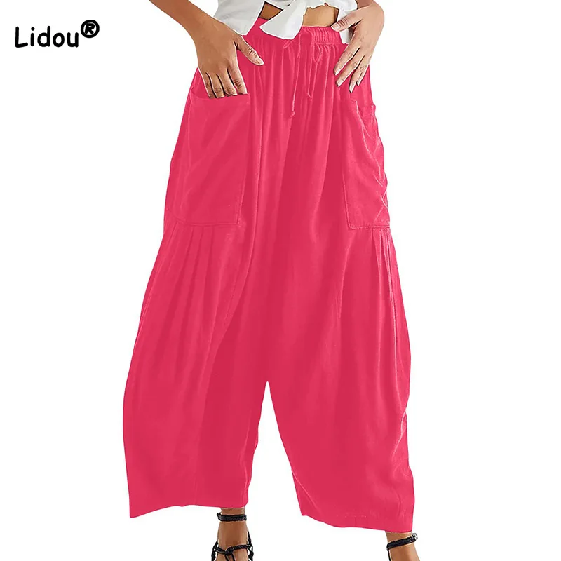 Fashionable High Waisted Pleated Wide Leg Pants Casual Drawstring Solid Color Patchwork Pockets Loose-fitting Harem Trousers