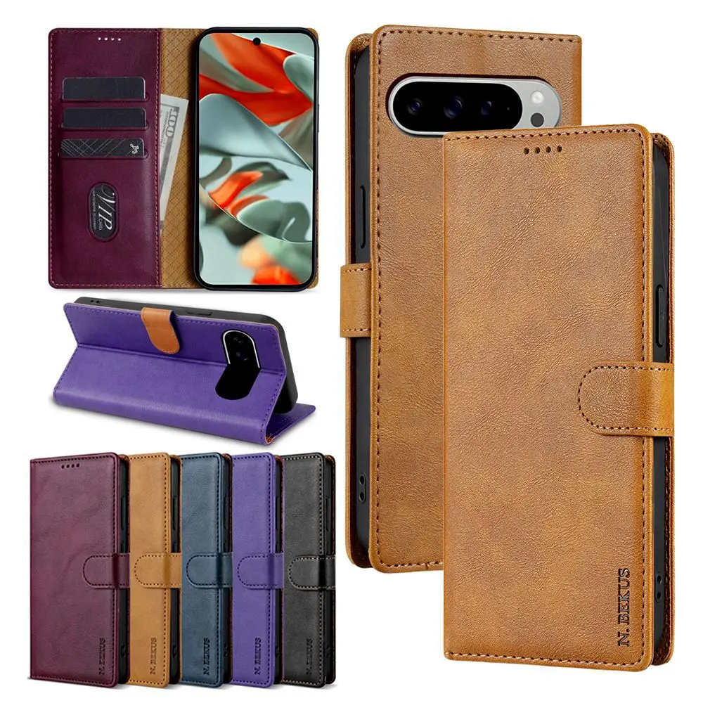 Leather Flip Wallet Phone Case with Card Slots and Kickstand Feature