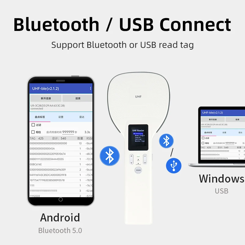 UHF RFID 핸드헬드 리더 휴대용 860-960MHz 핸드헬드 RFID 리더 UHF 스캐너 바코드 1D/2D 지원