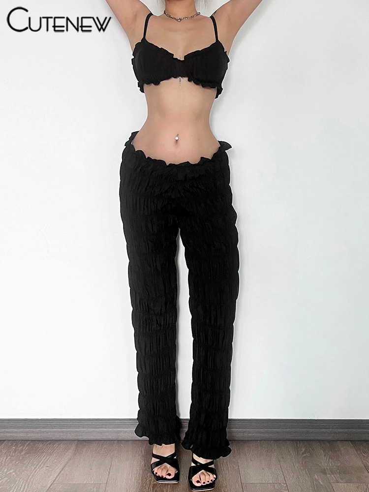 Shirring Trim Women 2 Piece Summer Unique Fashion Solid Crop Camisoles+Elastic Waist Pants Female Matching Sexy Clubwear