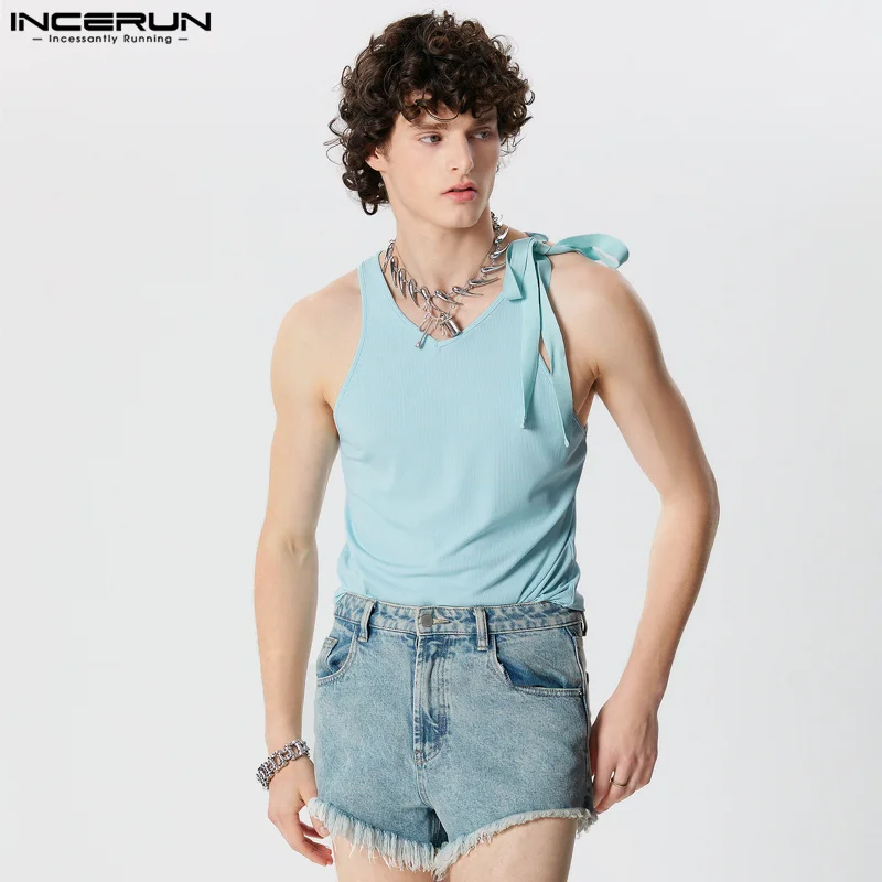 

Сексуальные повседневные стильные топы INCERUN 2024, красивые мужские трикотажные однотонные жилеты на бретелях, летняя уличная одежда, мужские майки без рукавов