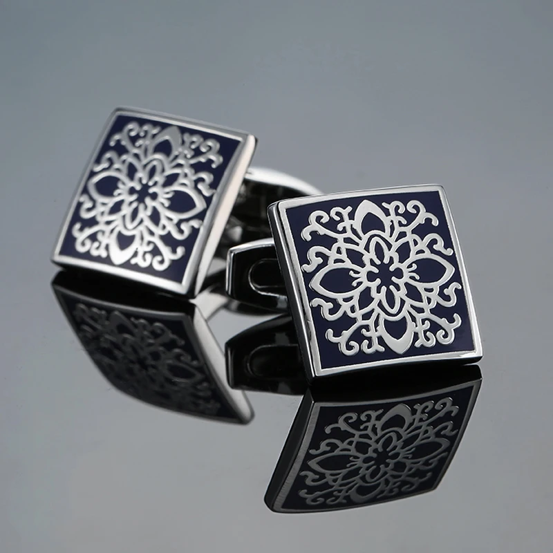 Luxury Mens Cufflinks - Classic Square Blue  Black Retro Pattern Suit Accessories