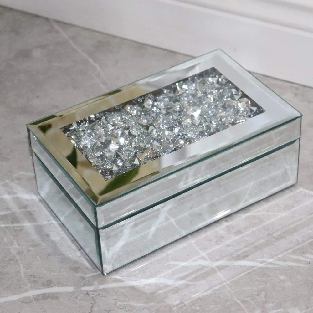 Luxury Silver Crushed Diamond Glass Mirrored Jewelry Box Storage Earrings Necklace Makeup Drawer Organizers Gifts for Women 2