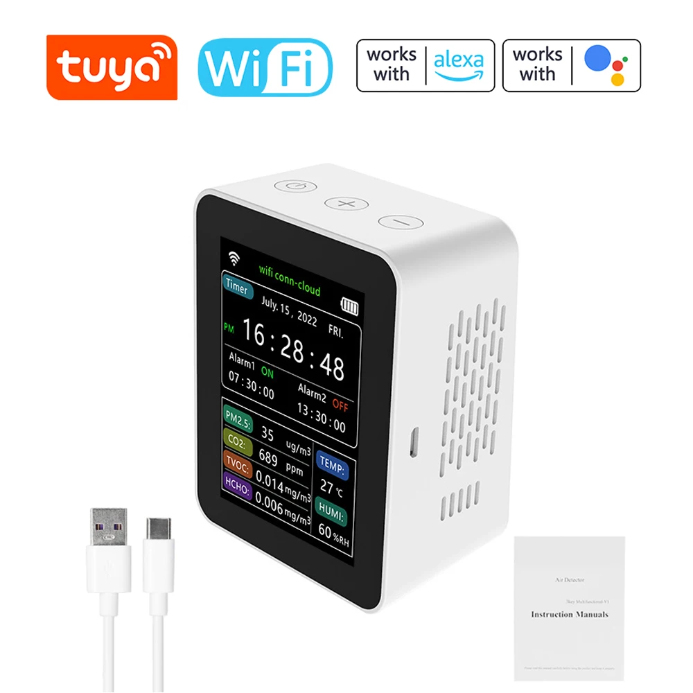 Tuya-WiFi 대기질 감지기 PM2.5 CO2 TVOC HCHO 온도 습도 6 인 1 감지기, 시간 날짜 주 모바일 폰 앱 리모컨