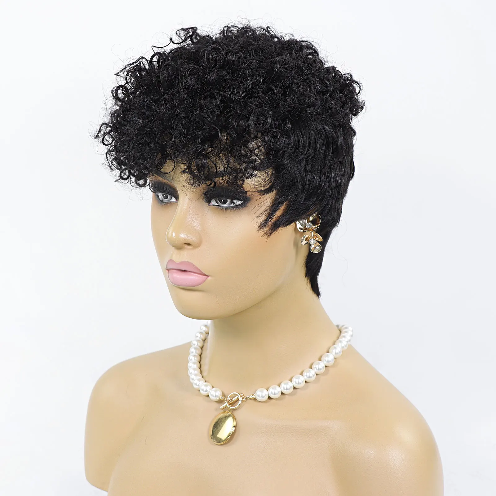 짧은 곱슬머리 픽시컷 인모 가발 데일리 웨어 숏 아프로 곱슬 가발 앞머리 포함 여성용 풀 머신메이드 가발 내추럴 블랙