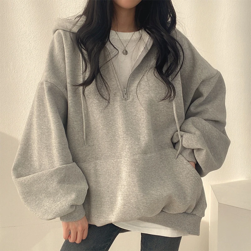 HOUZHOU 여성용 가디건 후디 스트리트웨어, 회색 하라주쿠 오버사이즈 탑 맨투맨, 여성 캐주얼 긴팔 포켓 후드 코트
