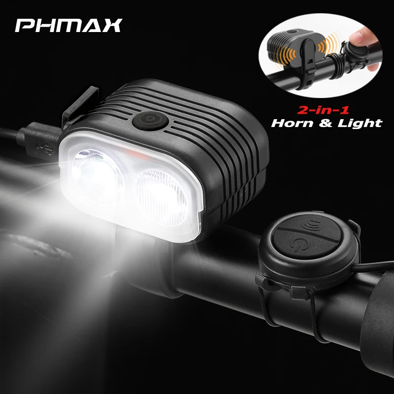 PHMAX Bicycle Headlight with Horn USB Rechargeable Battery Waterproof LED Headlight Bicycle Light Super Bright Headlight 6 Modes