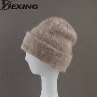 Angora Rabbit Fur Winter Hat for Women Knitted Fluffy  Beanie Ladies Fashion Warm Plush Skull  Thick Fleece Hats wholesale 1