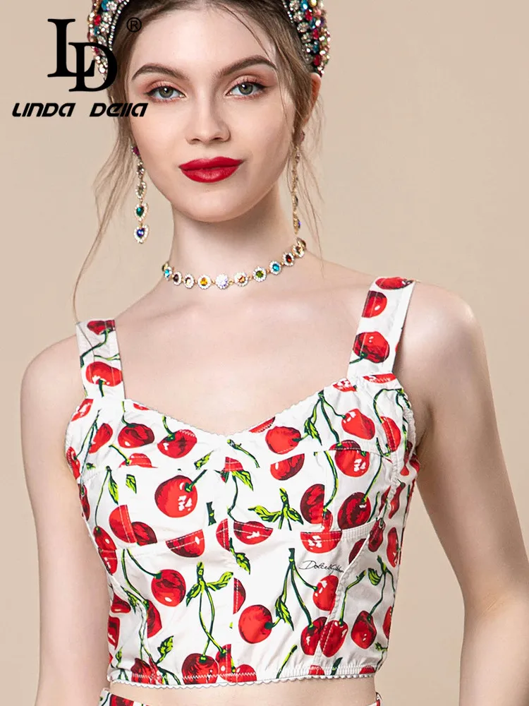 

LD LINDA DELLA Summer New Style Runway Designer T-Shirt Women's Cherry Suspender Print Pure Cotton Splice Slim Fit T-Shirt