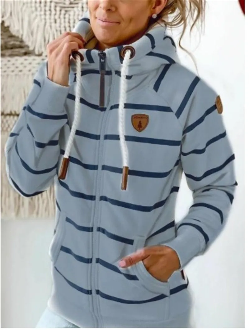 2023 Women Long Sleeve Hoodie Stripe Women Sweatshirt Clothes New Hoodies Pocket Zipper Hoodies Tops Female Spring Thick Outwear